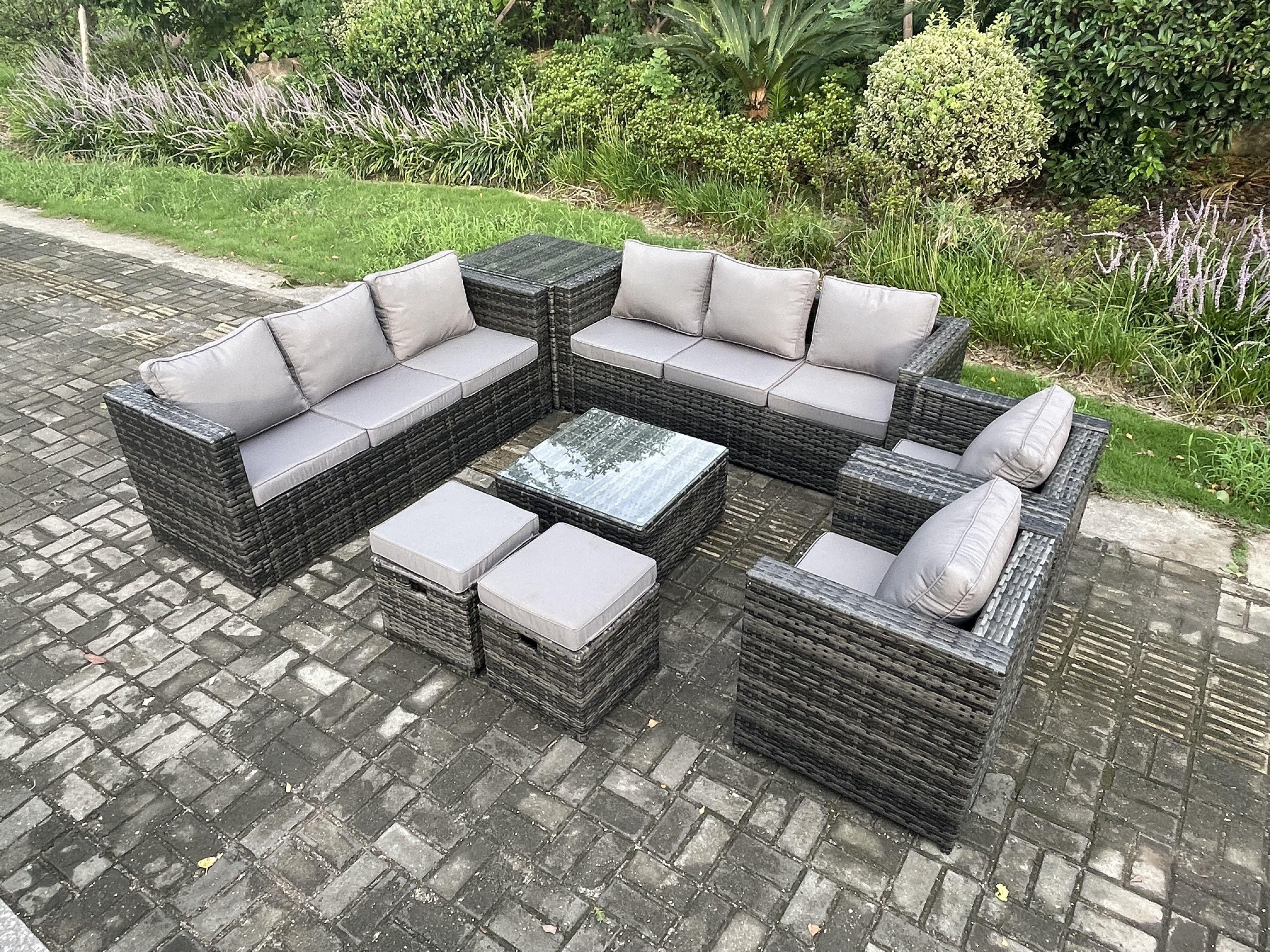 Rattan Garden Furniture Sofa Set with 2 Armchairs Square Coffee Table Side Table 2 Small Footstools 